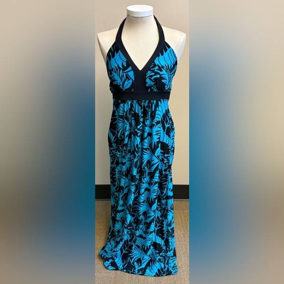 Majora maxi dress Blue & Black floral printed Backless stretchy women's Medium - Picture 2 of 10